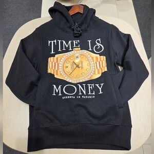 Streetz iz watchin TIME IS MONEY Black Graphic Hoodie with Gold Watch Print